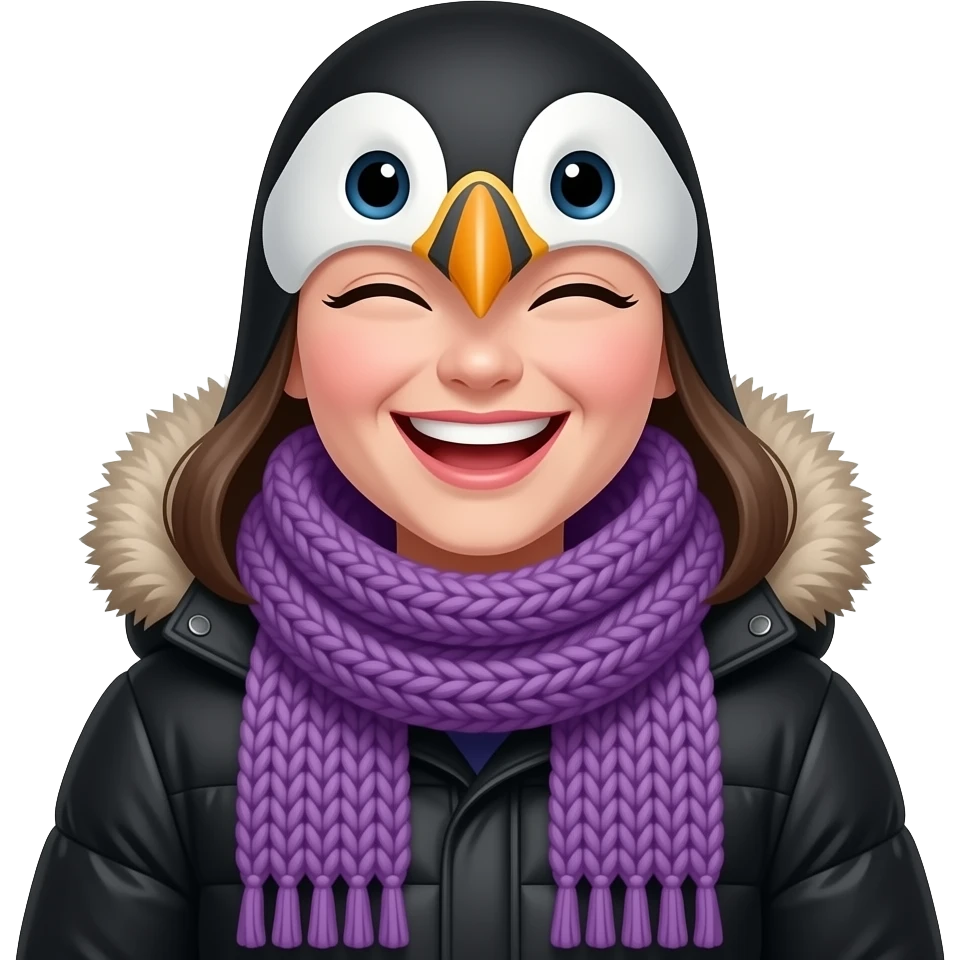 english winter woman with big purple knit scarves on neck black puffin jacket laughing emoji