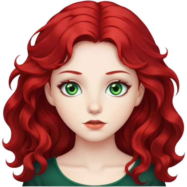 girl with green eyes, white skin, wavy black hair, red hair behind her emoji
