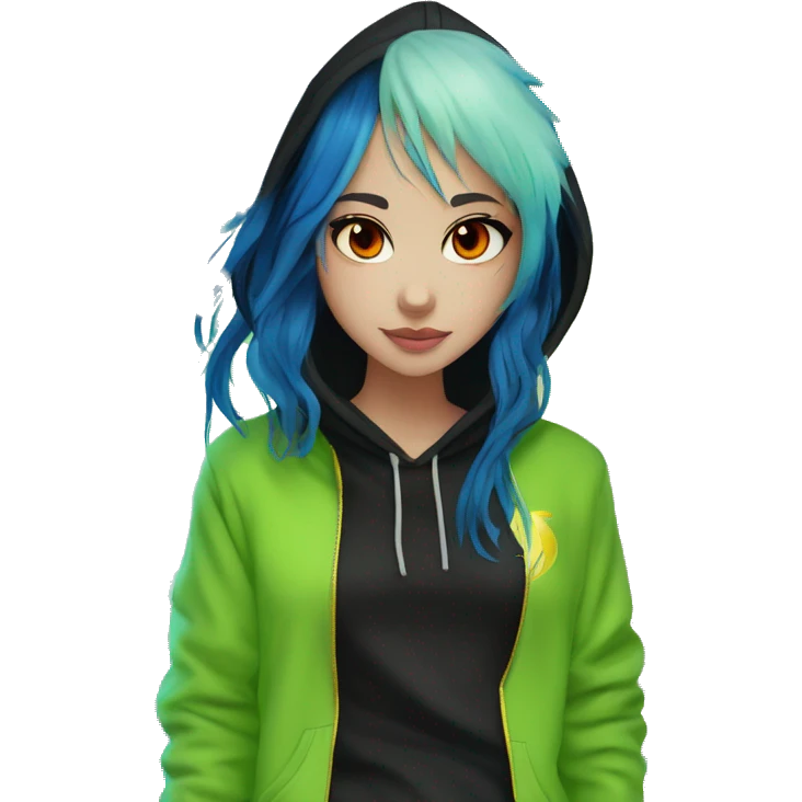 Lady with brunette and iridescent blue hair, gold, lime green dragon wings, black hoodie, bleach dyed, black and gold Nike t shirt, and bright red eyes emoji