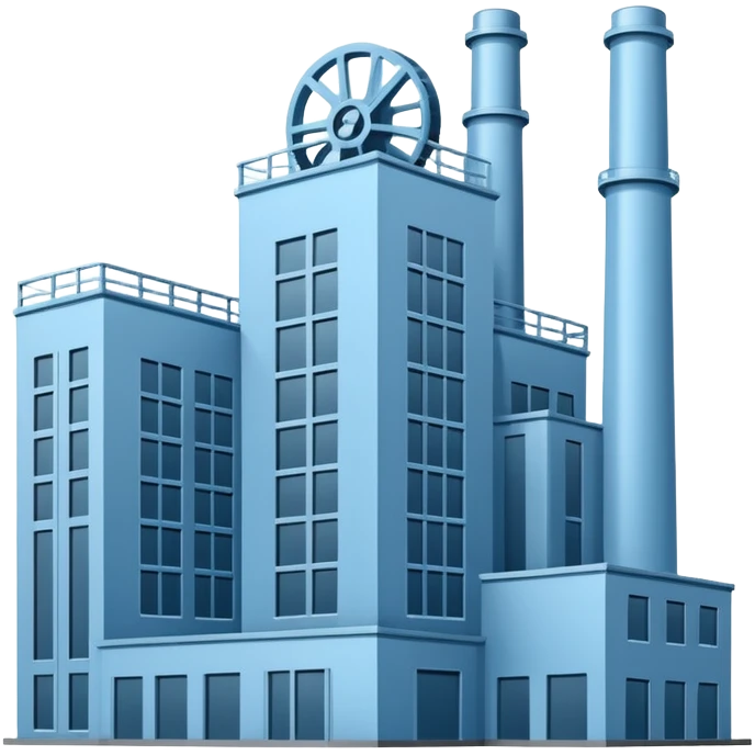 "A minimalist vector icon of a modern manufacturing factory building with a gear symbol above it. Blue and grey color scheme, flat design, white background, simple thick lines, professional business logo style." emoji