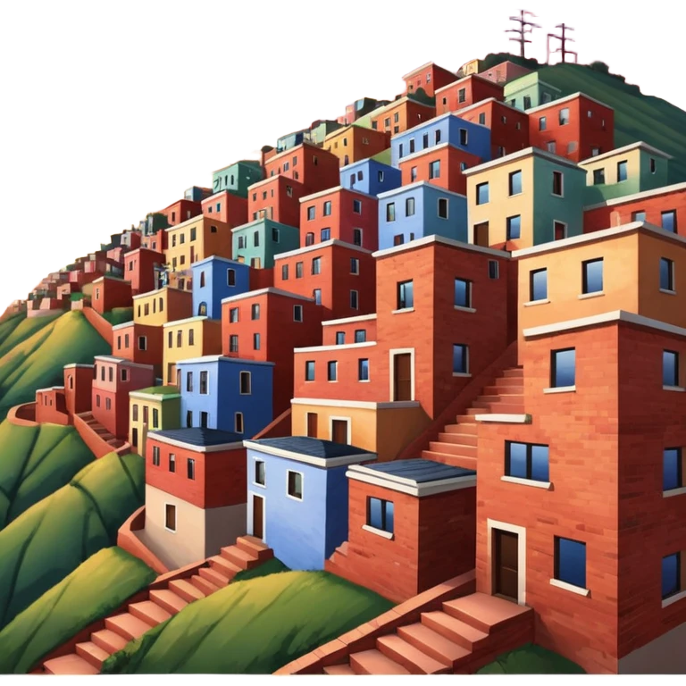 Urban Peruvian hillside neighborhood, brick houses stacked on steep hills, unfinished red brick buildings, colorful painted facades, narrow stairways, electric cables crossing the sky, sunset lighting, realistic style, cinematic, high detail in the desert emoji