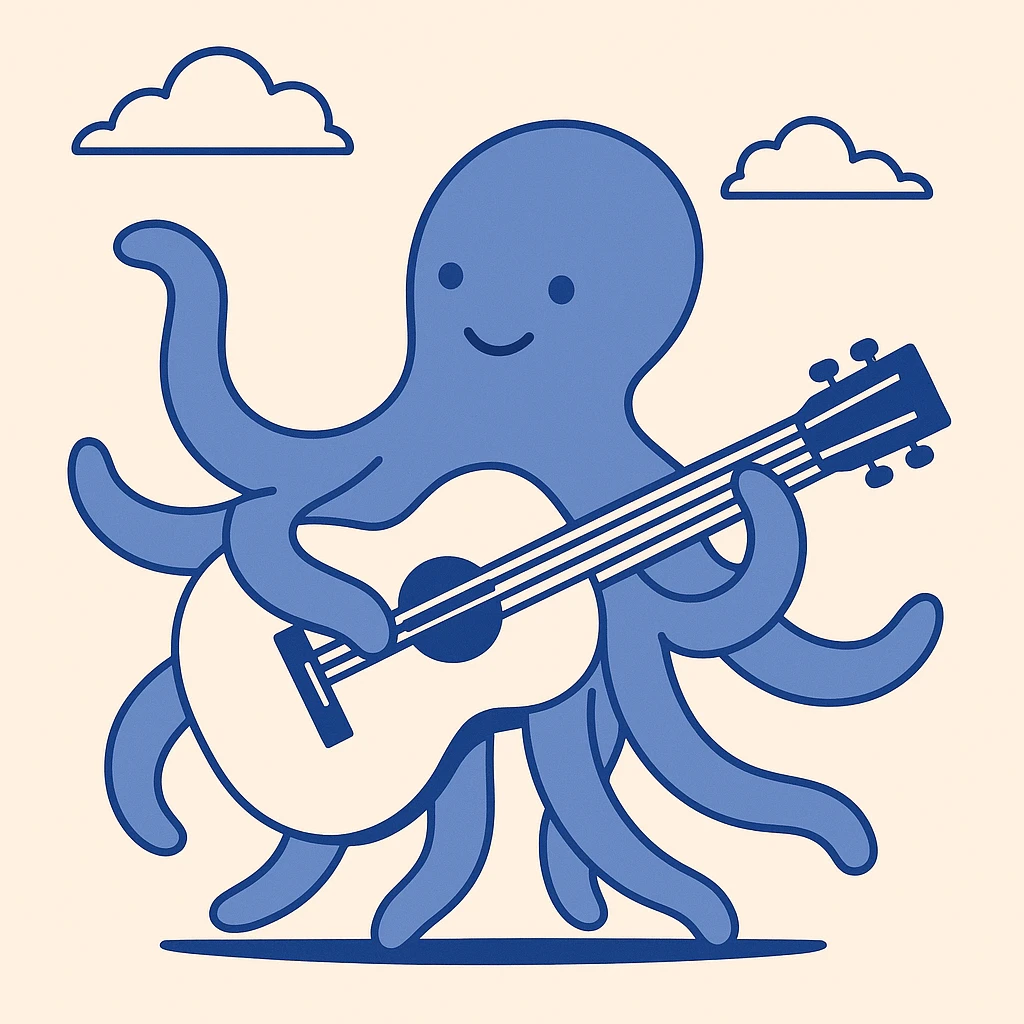 happy octopus with multiple arms playing guitar emoji