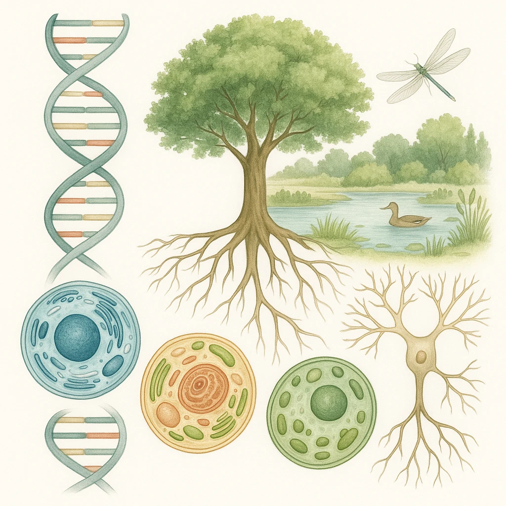 A realistic biological illustration (like in a school book) showing: DNA strands transitioning into a tree, cells with visible organelles, neurons connected to plant roots  and a balanced ecosystem background . Seamless integration, no labels or borders. Scientific color scheme, detailed but minimalist. please white background emoji