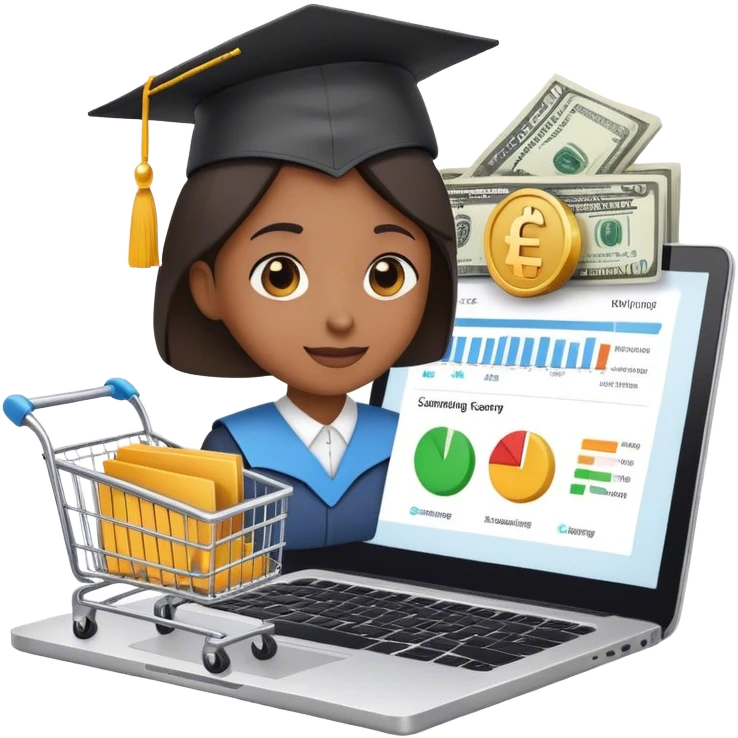 
*"Emoji-style illustration of e-commerce training: a laptop with a shopping cart icon, a graduation cap, and a person teaching online with charts and money symbols."* emoji