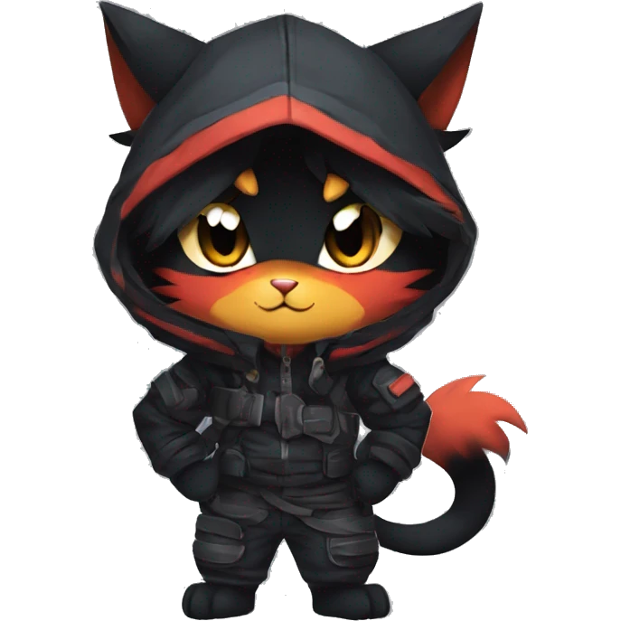 Edgy Shy Anthro Ninja boyish cool pretty dark black Litten-Pokémon-cat-fursona-animal techwear emoji