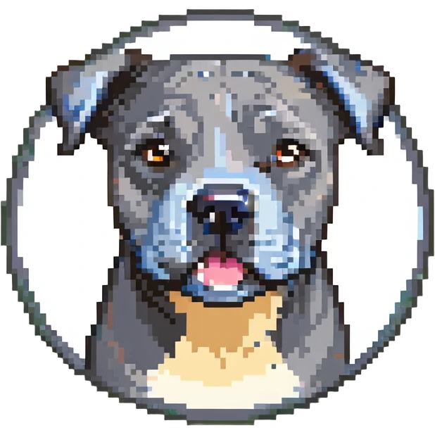round circle puppy head full grey bleu staffy, stupid expression emoji