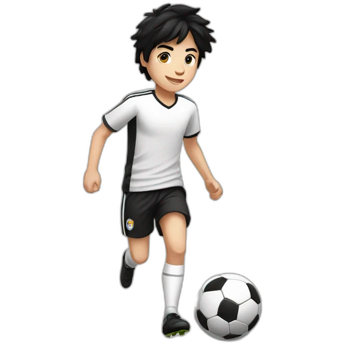 Male teenager with black hair, fair white skin, white tshirt, black shorts, playing soccer with ball emoji