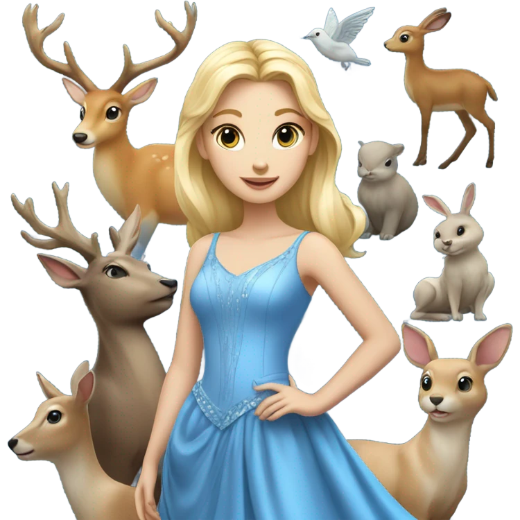 Blonde princess wearing blue gown surrounded by animals emoji