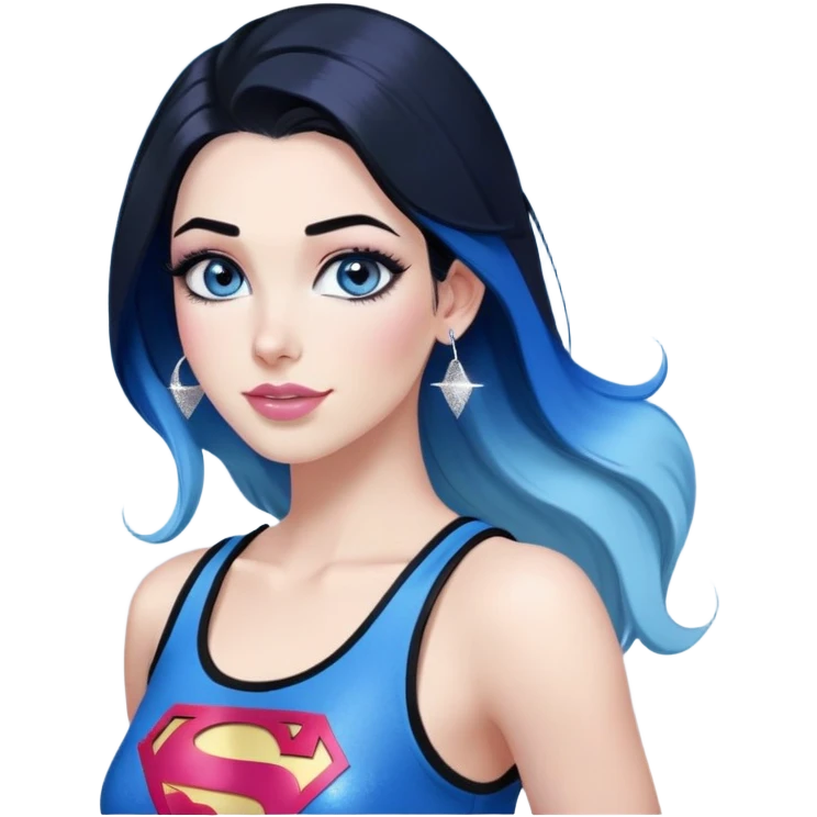 LargeFull body-excited expression-very-beautiful-face-light-pink-lips-very long-very-straight-dark-blue-ombre-hair-and-blue-eyes-thick-black-eyeliner-thick-long-eyelashes-sky-blue-superman-tank-top-with-glitter-and-silver-hoop-earrings emoji