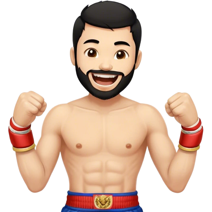 Minimal emoji of a guy, Trimmed beard, medium-length black hair, short sides, hair forward, muay thai fighter laughing emoji
