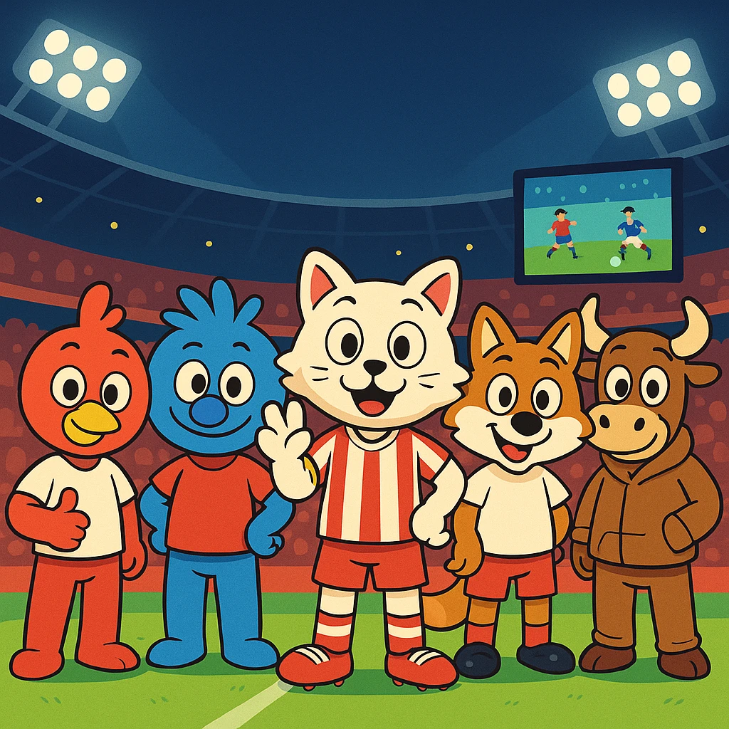 Make the five mascots much more cartoonish and exaggerated, with playful expressions and bold, fun shapes, while keeping the vibrant night soccer stadium, bright lights, green grass, red seats, large screen, and crowd in the background. Preserve the mascot colors and positions. emoji