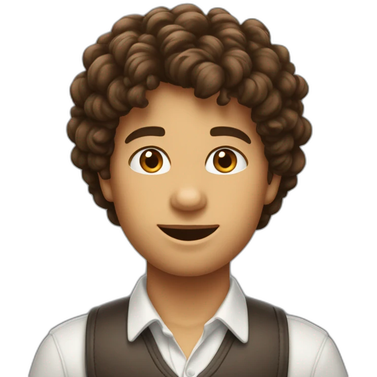 Un garçon brun avec des cheuveux bouclés qui a le stand de the World  emoji