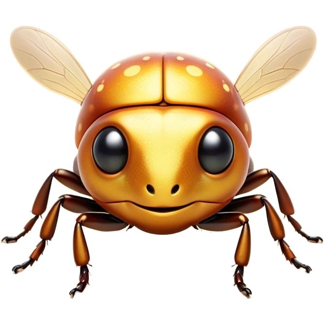 Cinematic Cute Beetle Portrait Emoji, Head tilted playfully and inquisitively, featuring a diminutive, charming body with a glossy, intricately patterned shell and round, sparkling eyes full of endearing wonder, Simplified yet irresistibly adorable features, highly detailed, glowing with a warm, inviting metallic glow, high shine, affectionate and lively, stylized with a touch of whimsical insect elegance, soft glowing outline, capturing the essence of a mischievous beetle that seems as if it could scuttle out of the screen into your arms! emoji