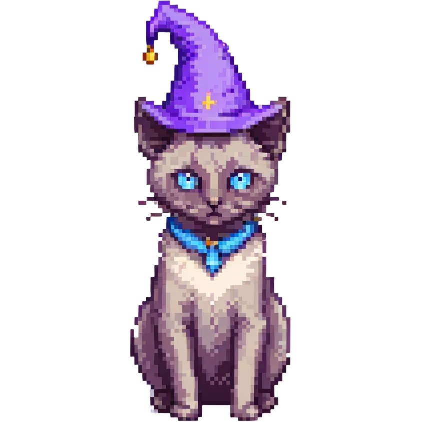 A pixel art image of a Siamese cat wizard with a purple hat. emoji