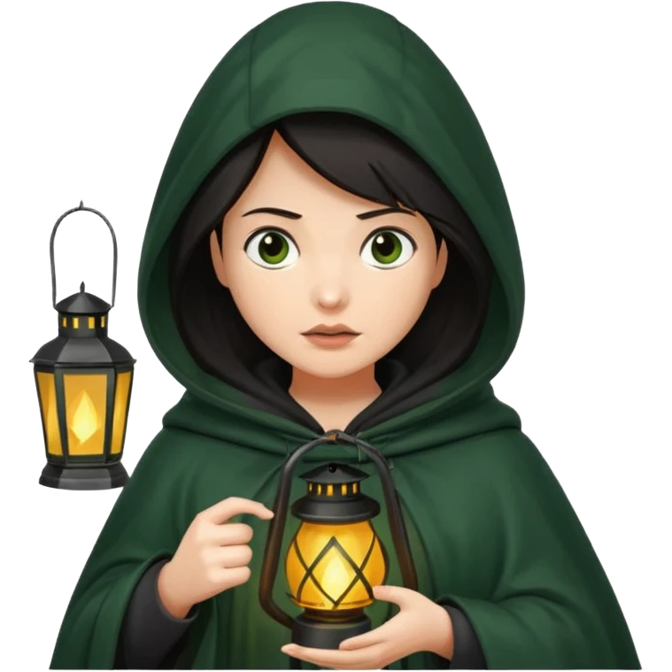 traitor tv show, dark haired woman wearing dark green cloak with hood up who looks very evil, is holding up a lantern, and looking down emoji