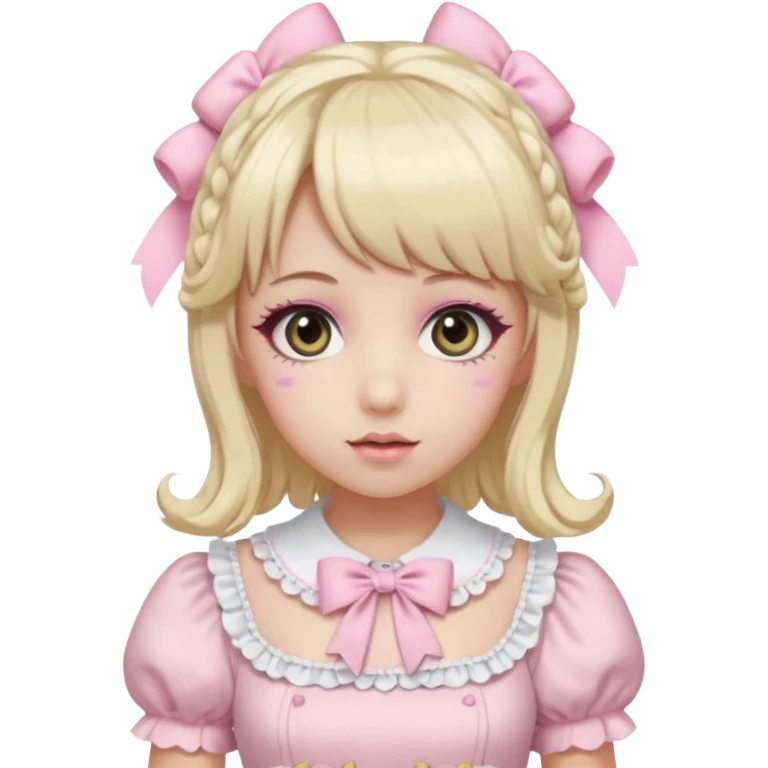 pale girl, medium curly hair in blonde and baby pink, bangs, grey eyes, doll makeup, wearing a light pink lolita hime gyaru dress, emoji style emoji