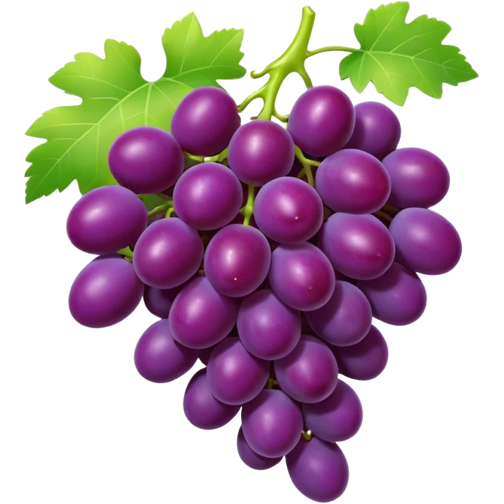 3D iPhone style emoji of a bunch of grapes, plump and shiny, purple color, attached to a small green stem, isolated on white background, soft shadows, high detail, playful and cute. emoji