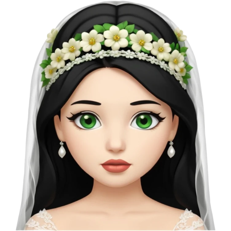 black haired green eyes very plump lips and floral bride headband that makes her hair look behind nicole peltz at wedding emoji