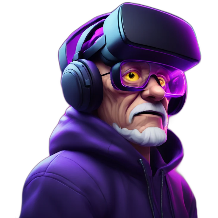 Russian old man wearing a black hoodie with "OMG" letters on it and VR headset in a cyberpunk VR environment with violet neon lighting. emoji