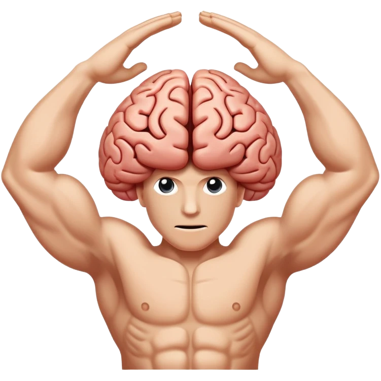 Minimalist and stylized illustration featuring a brain in the center, surrounded by two muscular arms raised on each side. The left arm is clearly a left arm, and the right arm is clearly a right arm, creating a sense of combined strength and intelligence. Vector style, clean colors, high contrast, with a transparent or white background. emoji