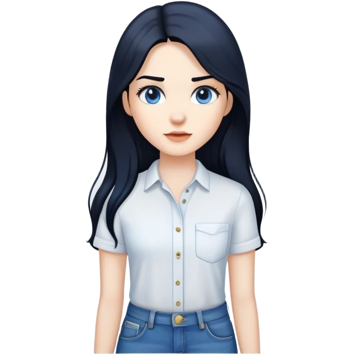 pale female with long black hair, wearing white shirt and blue jeans emoji