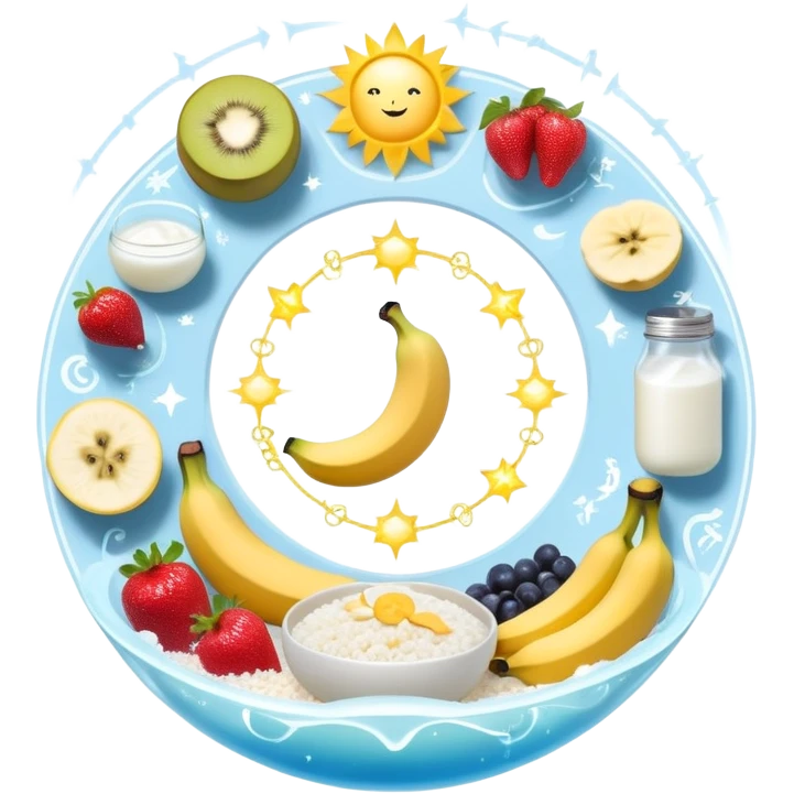 Magical fitness system: water bottle, sun, rice bowl, banana, dumbbell, yogurt, fruit, and moon arranged in a circular flow chart with ethereal glowing connections and sparkles, each item separate but part of one system emoji