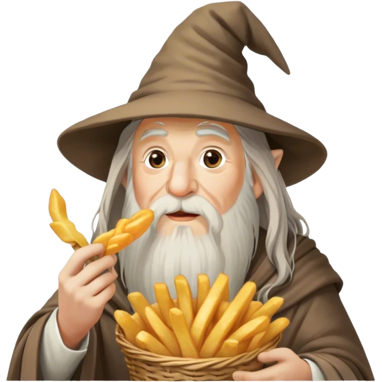 gandalf eating fries, holding a small basket of golden, crispy fries in one hand and a fry in the other. his iconic long white beard and wizard hat are present, with a playful expression as he enjoys the snack. the background is a cozy tavern with warm lighting and a whimsical atmosphere emoji