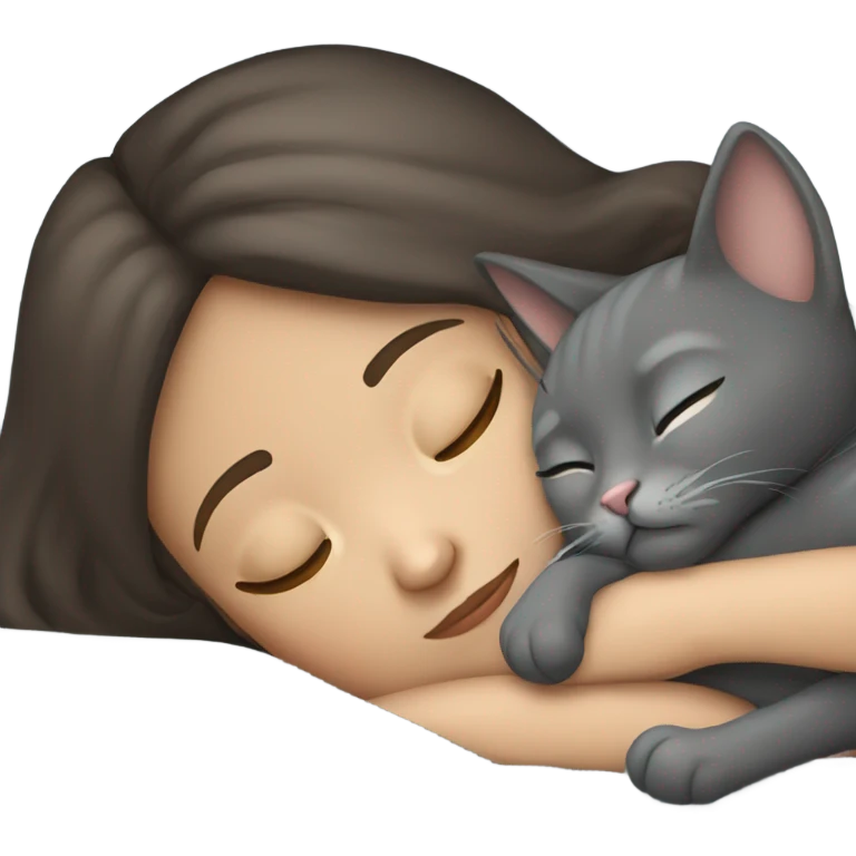 Brunette girl  sleeping with grey cat  emoji