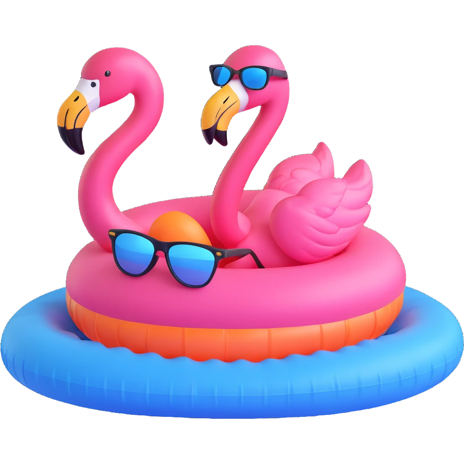 flamingo with sunglasses floating on a pool float emoji