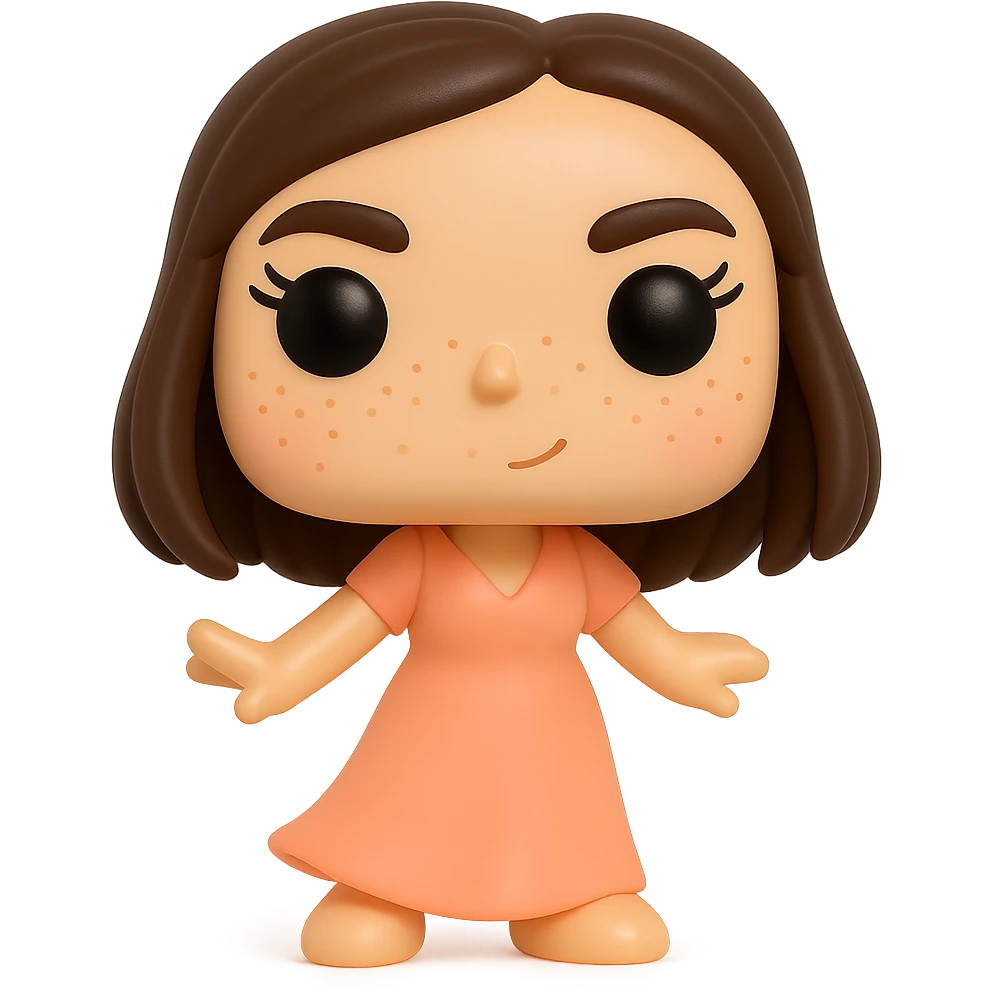 Create a Funko Pop style vinyl figure inspired by the reference image. The figure should have a long peach-colored dress, dark brown long bob haircut, rosy cheeks, feminine eyelashes, light freckles, and a mischievous expression. The pose should be dynamic. No hat or accessories. Transparent background. emoji