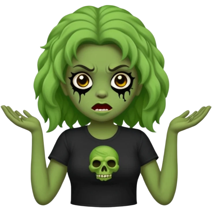 crie um emoji de uma garota zoombie verde assustadora e fofa com cabelo ondulado 2b e camiseta básica preta emoji