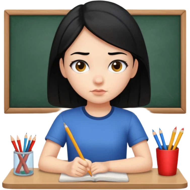 girl with black hair in short sleeves focusing in class emoji