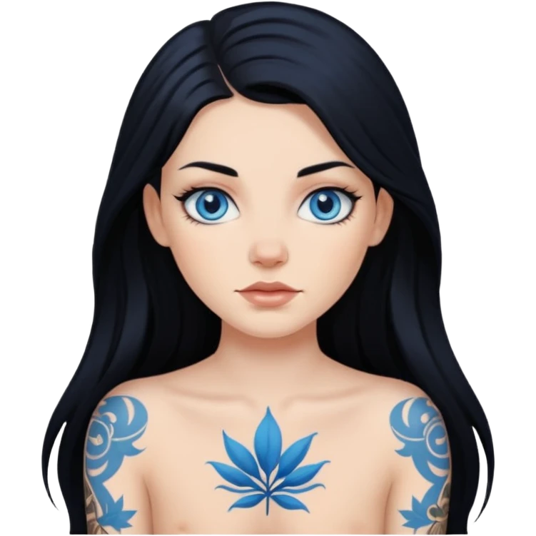Hyperrealistic beautiful white girl with tattoos, with long black hair and blue eyes emoji