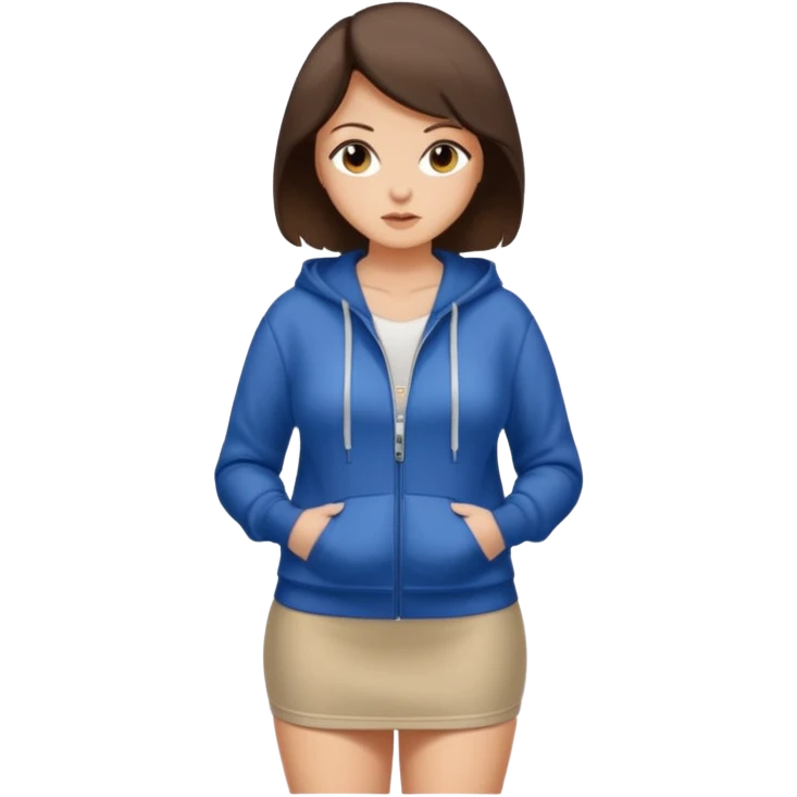 Pretty, sexy, slightly curvy white woman with short dark brown hair, wearing only a tight, open, front zippered hoodie and a miniskirt  emoji