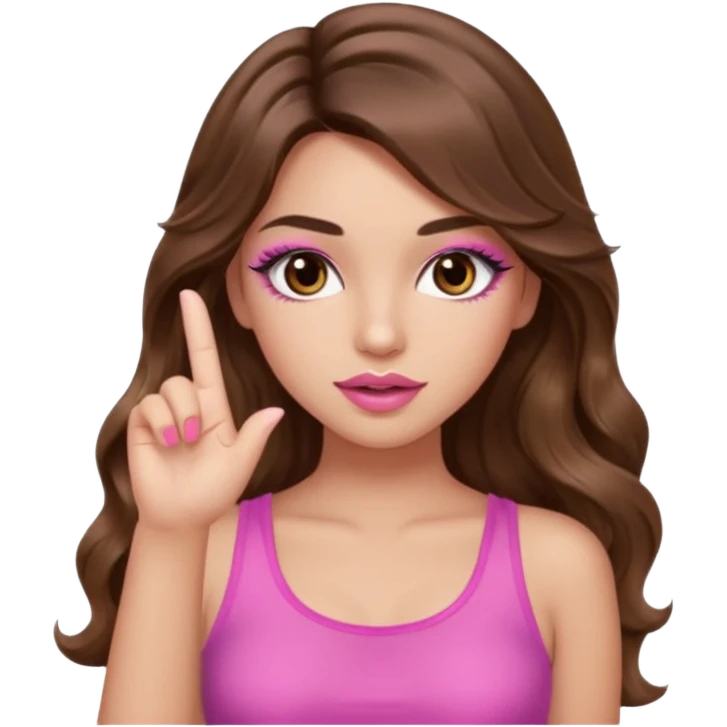 girl with long wavy brown hair, brown eyes, light to medium complexion, in a pink sexy top, pink lips, long lashes, silent motion with the hand one finger up emoji