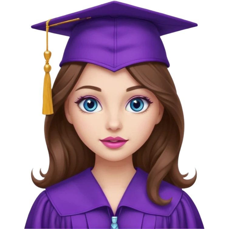 girl with wavy long brown hair, blue eyes, long lashes makeup, sexy pink lips, wearing a purple graduation cap and gown emoji