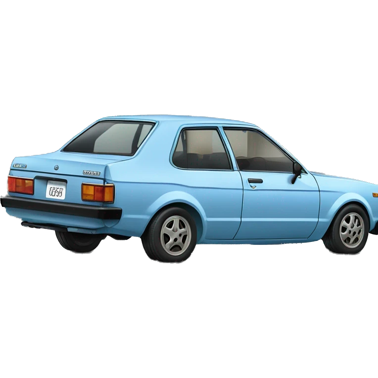 a light blue 1980 toyota corolla, with the number 63 on the front door emoji
