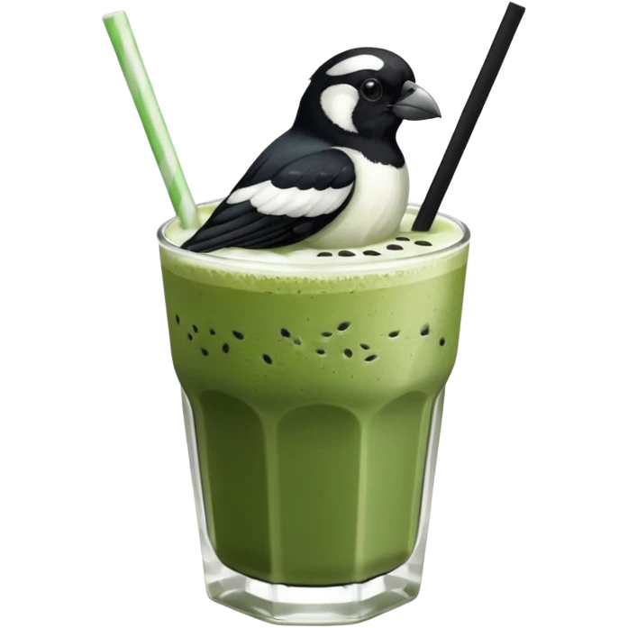  ONE Australien Magpie (just black and white feathers) sitting on an iced matcha latte on the edge of the glass. magpie has green matcha on its beak. matxha latte is in a see through glass and white from the oat milk on the bottom and green without seeds on top… one straw & ice cubes emoji