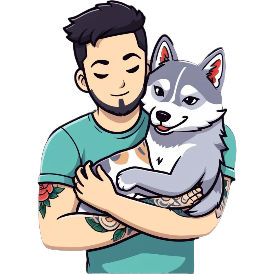 Tattooed arms man hugging a husky emoji
