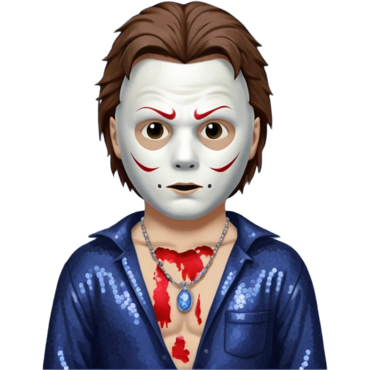 Michael Myers with white mask with brown hair, indigo sequin baggy pants, shirtless with necklace emoji