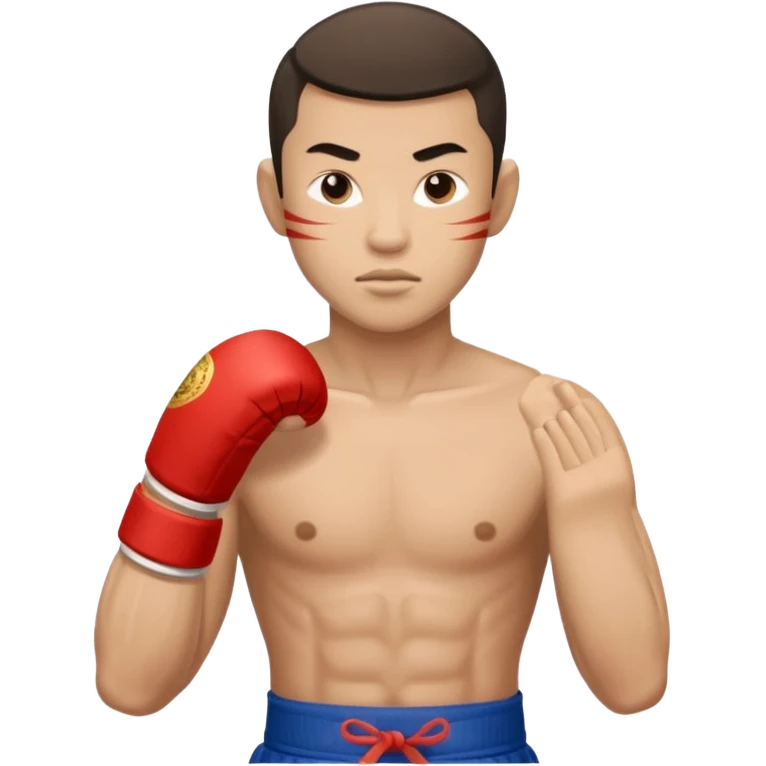Create a Muay Thai fighter with his guard, like if he was covering himself and with a less serious expresión  emoji