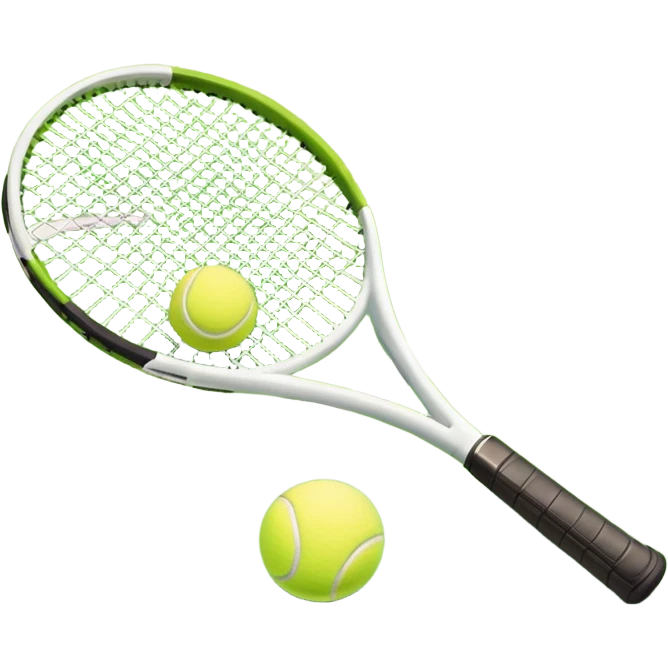 A tennis racket and a ball placed on a grassy court, with the net visible in the background. The scene captures the elegance and energy of the sport, with a vibrant green court and soft sunlight highlighting the equipment. emoji