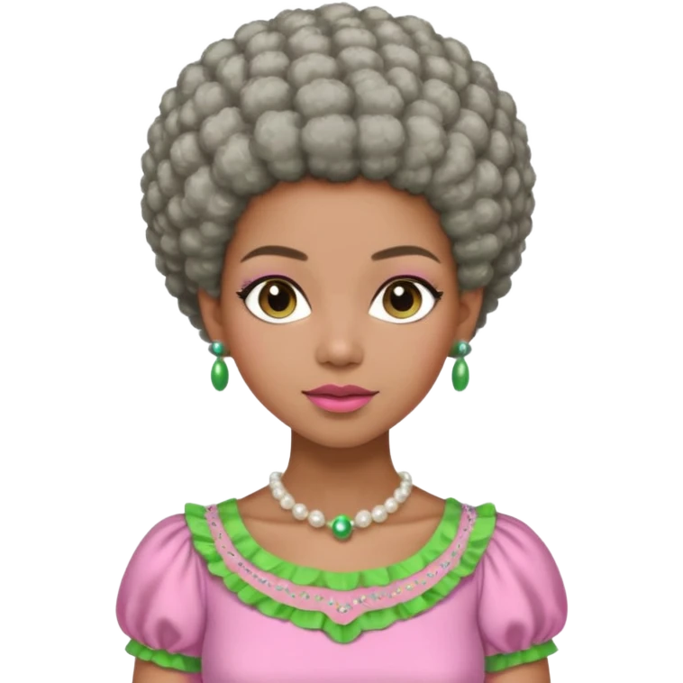 Pretty Brown woman with a very very short stylish gray Afro  wearing pink and green dress  and pearl blouse with sleeves emoji