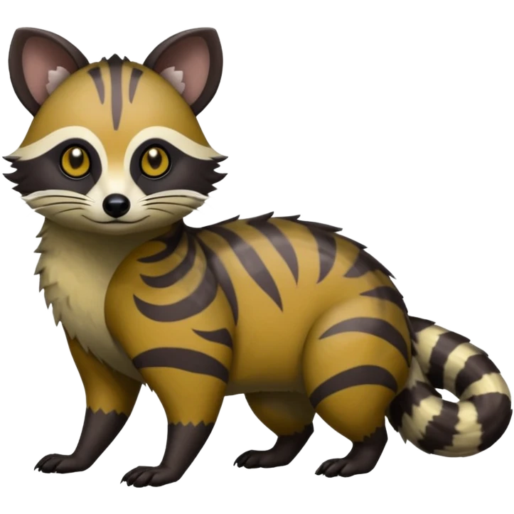Rare warm-colored exotic edgy epic aesthetic gloomy spooky dark modern colorful cyber-Genet-Trico-Tanuki-Civet-species-Fakemon-hybrid-creature, with beautiful intricate markings, full body emoji