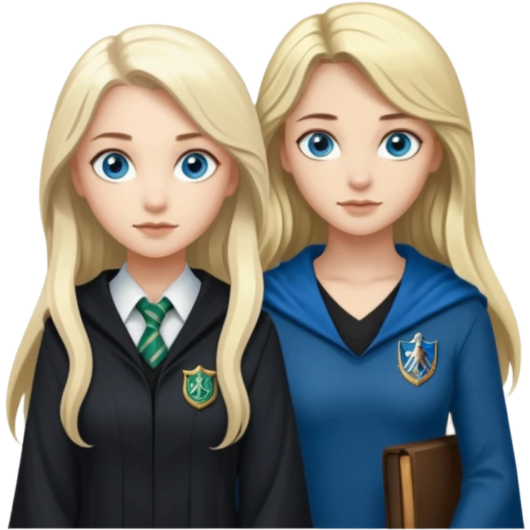 hot Slytherin girl with long blonde hair, blue eyes and big boobs standing with a pretty ravenclaw girl with long dark brown hair and blue eyes emoji