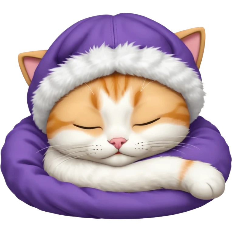 emoji of sleeping cat, its pose is lying, it has on his head FedEx delivery cap emoji