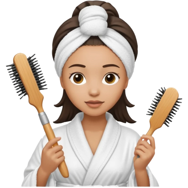 lightskin Women wearing shower robe and their hair with towel holding a brush emoji