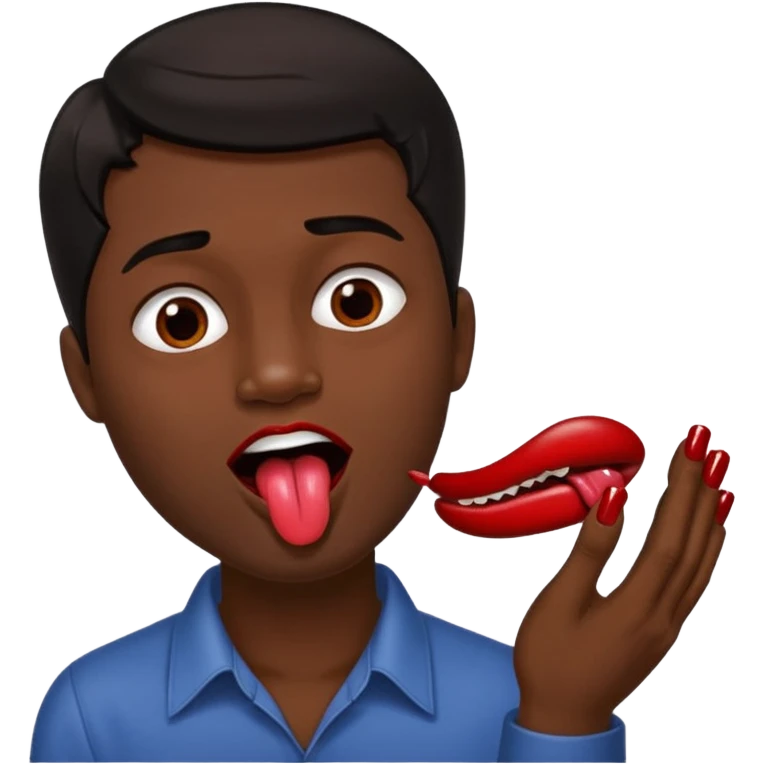 A man with dark brown almost black hair with his mouth open and tongue slightly out while a well groomed foot and hand placed naturally on top of each other with matching deep red painted nails looks like it is about to be shoved into his mouth, but he’s just licking the feet emoji