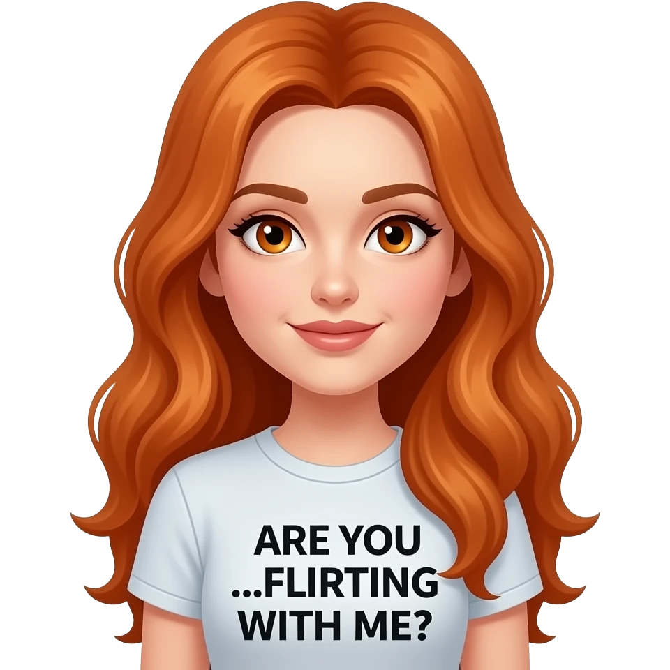 sexy girl with long ginger hair and ginger eyes a top with ARE YOU ...FLIRTING WITH ME? written on it emoji
