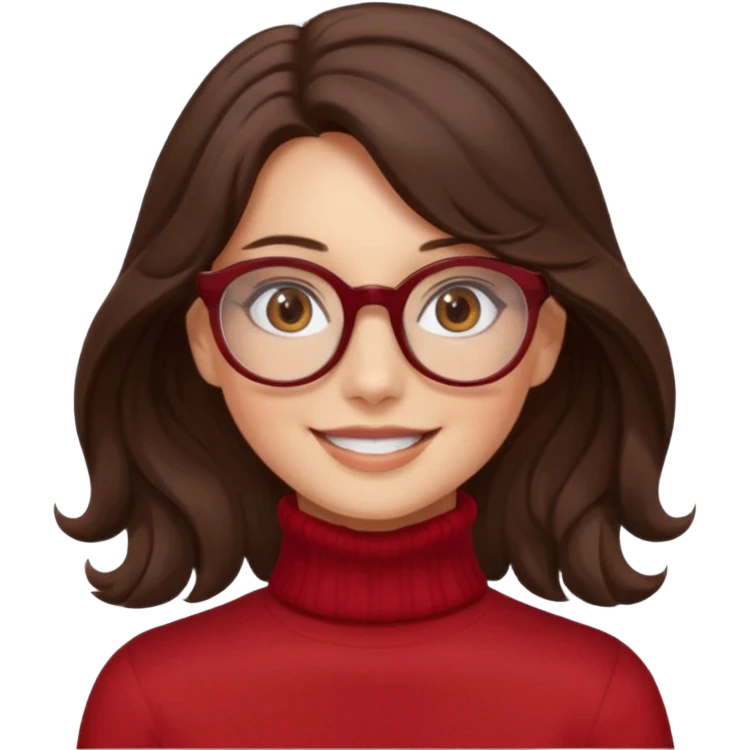 A girl has fair skin wavy dark brown hair, has glasses and almond brown eyes wears red turtle neck has long hair and so pretty emoji